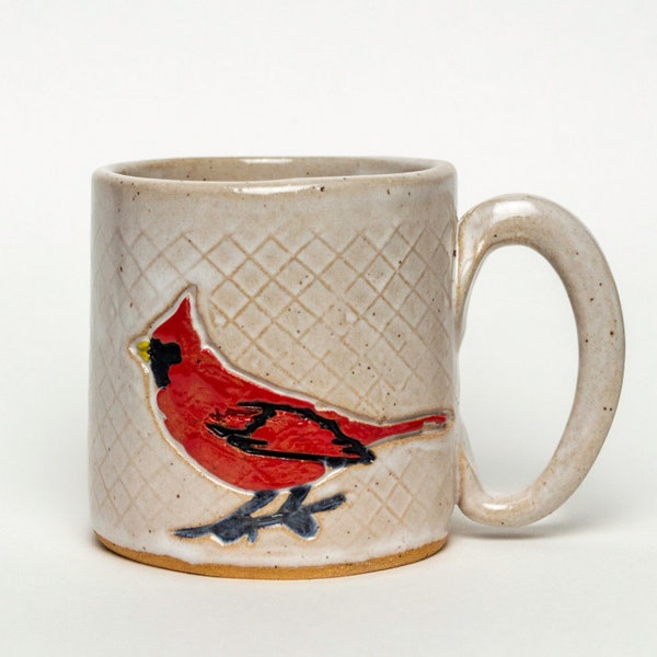 Handmade White Ceramic Mug with a Red Cardinal Bird