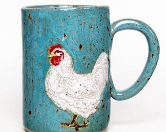 White Chicken Design Blue Spangled Handmade in Ohio, Stoneware 14oz Mug