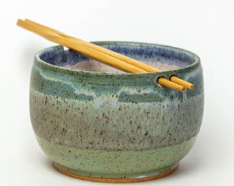 Handmade Ceramic Blue to Green Rice / Noodle / Ramen Bowl with Chopsticks