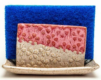 Pink & White Flower Pattern Handmade Ceramic Sponge Holder
