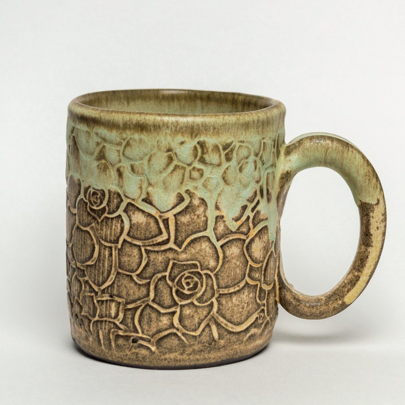 Handmade Ceramic Green Mug on Chocolate Clay with Succulent Pattern image 1
