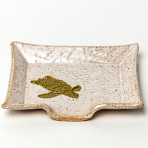 Handmade Ceramic White Soapdish with a Green Sea Turtle