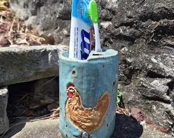 Brown Chicken Handmade, in Ohio, Stoneware White Toothbrush Holder