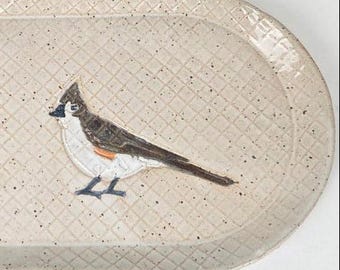Tufted Titmouse on White 10" Stoneware Handmade in Ohio, Platter/Dish