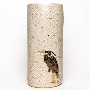 Blue Heron on White Stoneware Vase, handmade in Ohio.