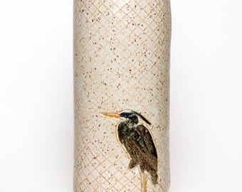 Blue Heron on White Stoneware Vase, handmade in Ohio.