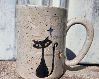 Atomic Cat MCM on White Retro Design Handmade, in Ohio, Stoneware 14 oz Mug