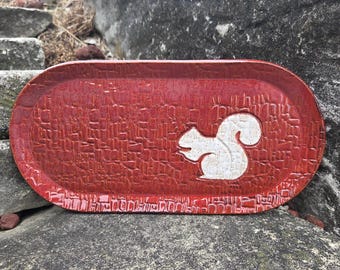 White Squirrel on Cinnamon Stoneware, Handmade, in Ohio, 10"x5" Platter