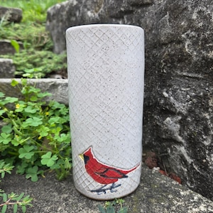 Cardinal on White Handmade Stoneware Vase, handmade in Ohio.