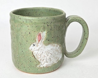 White Bunny Rabbit on Green 10oz Stoneware Handmade in Ohio Mug
