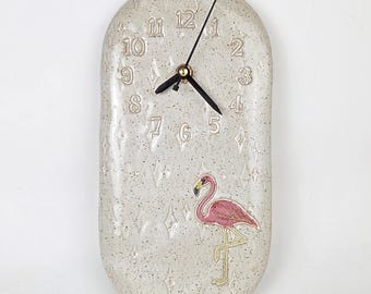 Flamingo on handmade, in Ohio, Mid-Century Design White Stoneware Clock