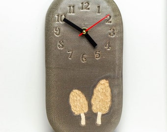 Handmade Ceramic Morel Mushroom Gray Clock