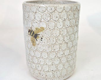 Handmade, in Ohio, Ceramic 14oz White Honeycomb Tumbler with Honey Bees