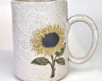 Sunflower on White Leaf Pattern Stoneware 14oz Mug