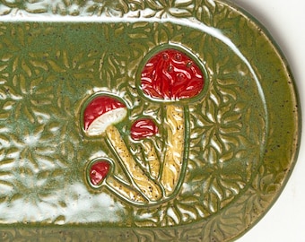 Handmade Green Oval Ceramic Serving Dish with Mushrooms / Cheese Tray