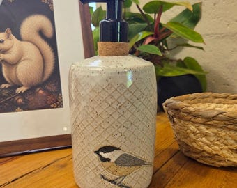 Chickadee on White Handmade, in Ohio,  Stoneware Soap/Lotion Dispenser
