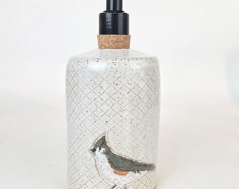 Tufted Titmouse on White Handmade, in Ohio,  Stoneware Soap/Lotion Dispenser