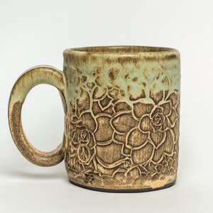 Handmade Ceramic Green Mug on Chocolate Clay with Succulent Pattern image 2