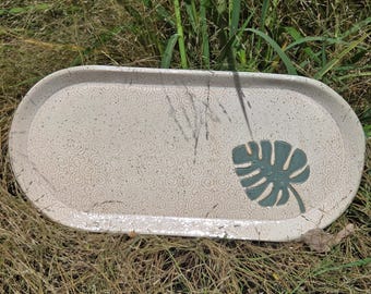 Monstera Leaf on Handmade, in Ohio, White Stoneware 10" Platter