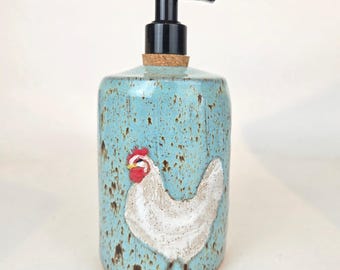 White Chicken on Blue Spangle Stoneware Soap/Lotion Dispenser