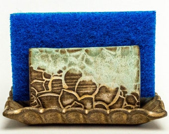 Succulent Pattern Handmade Ceramic Green Kitchen Sponge Holder