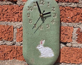 White Rabbit/ Bunny on Handmade, in Ohio, Green Stoneware Wall Clock