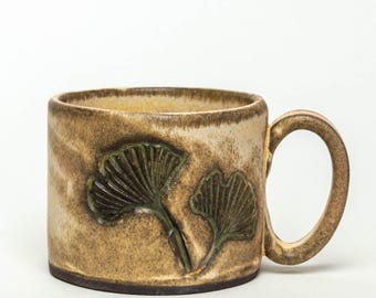 Handmade Ceramic Beige 8oz Mug with Ginkgo Leaf