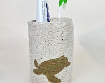 Sea Turtle Handmade, in Ohio, Stoneware White Toothbrush Holder