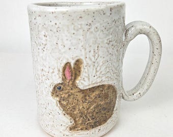 Brown Rabbit on White Speckled 14oz Stoneware Handmade, in Ohio, Mug