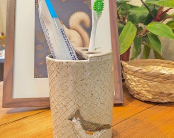 Tufted Titmouse Handmade, in Ohio, Stoneware White Toothbrush Holder