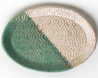 Turquoise & White Diamond Pattern Handmade Oval Ceramic Trinket Dish / Jewelry Tray