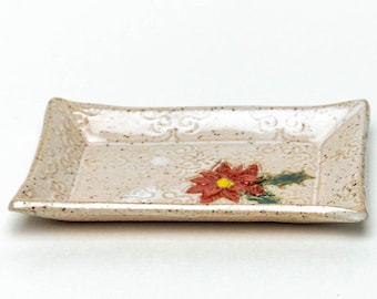 Poinsettia on Hnadmade, in Ohio, White Stoneware Trinket Dish