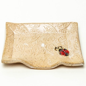 May include: A small, rectangular ceramic dish with a cream-colored glaze and a leafy pattern. A red ladybug is painted on the dish.