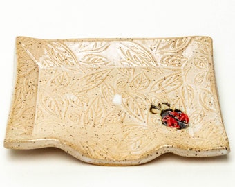 Ladybug Pattern Handmade Ceramic White Soap Dish