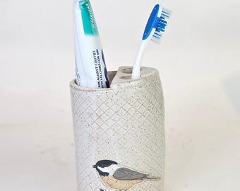Chickadee Handmade, in Ohio, Stoneware White Toothbrush Holder