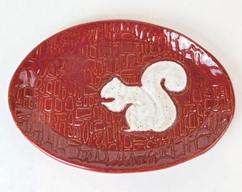 Handmade, in Ohio, Cinnamon Oval Ceramic Trinket Dish with White Squirrel / Jewelry Tray