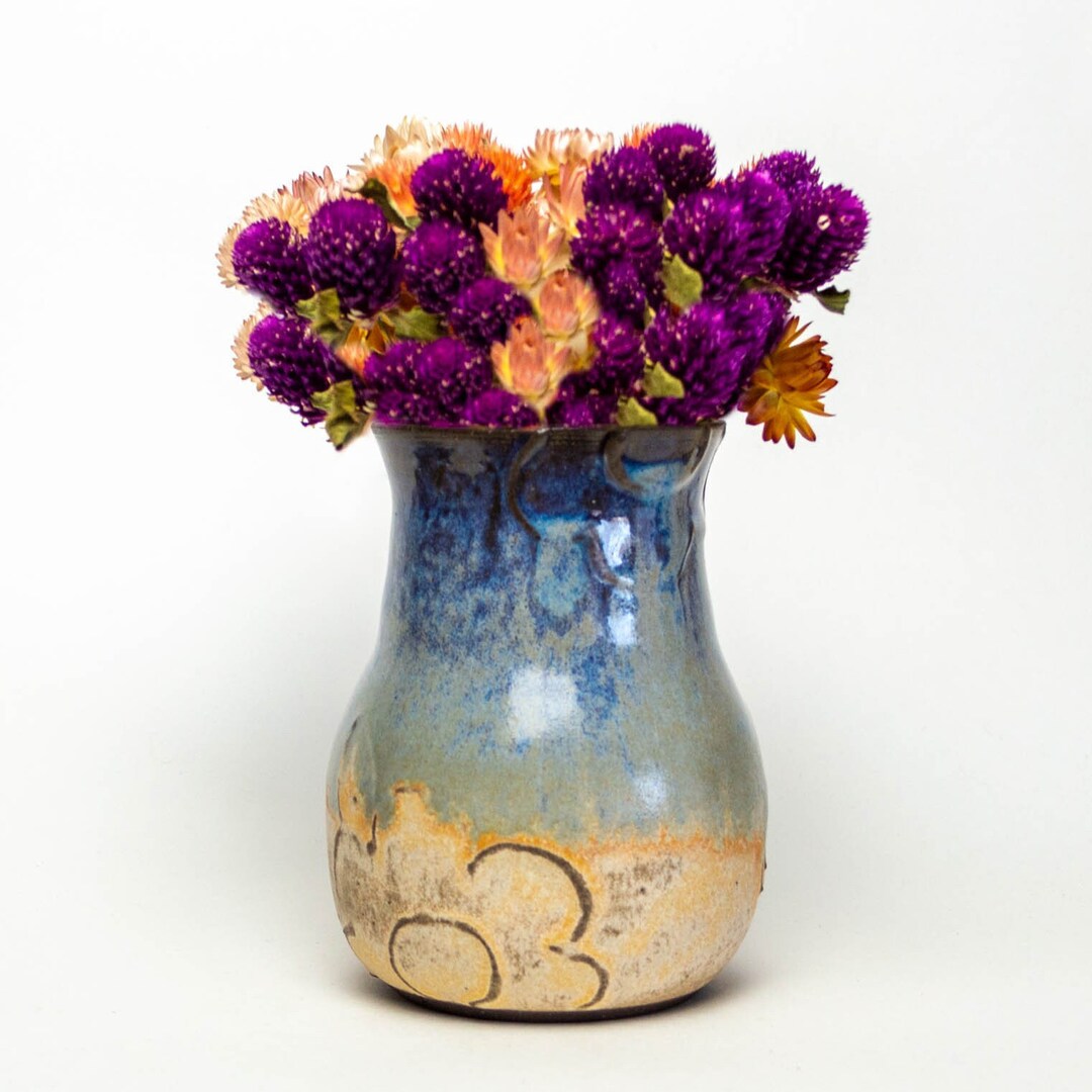 Handmade Ceramic Blue Vase With Flower Design Etsy