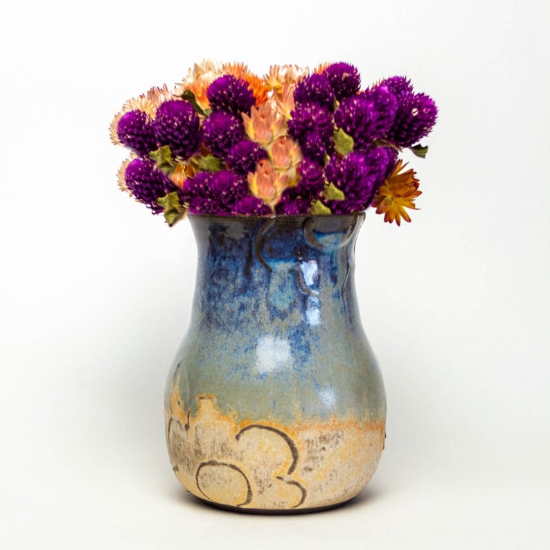 Handmade Ceramic Blue Vase with Flower Design image 1