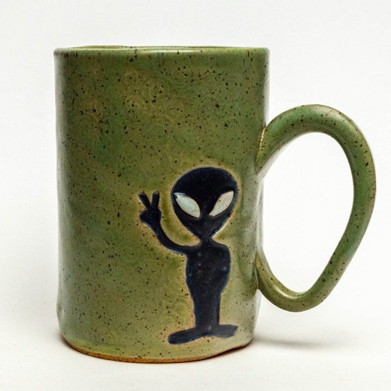 Handmade Ceramic 14oz Green Mug with a Black Alien