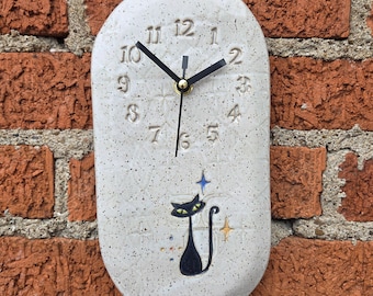 Atomic Cat on Mid-Century Design White Stoneware Clock