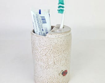 Ladybugs Handmade, in Ohio, Stoneware White Toothbrush Holder