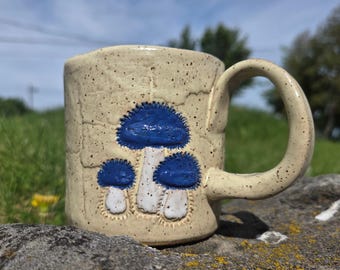 Blue Bonnet Mushroom (Mycena subcyanocephala) on Butter 10oz Stoneware Mug Handmade in Ohio