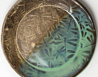 Dragonfly Pattern Handmade Ceramic Green Circle Trinket Dish