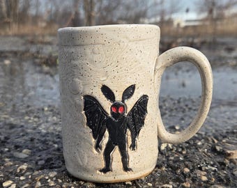 Mothman on White 14oz Stoneware Handmade, in Ohio, Mug