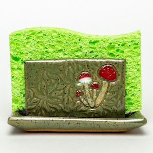 Handmade Ceramic Green Sponge Holder with Mushrooms