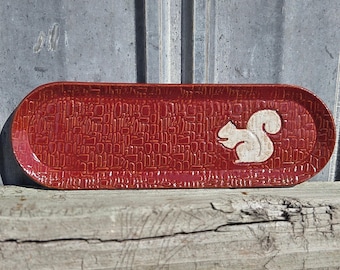 White Squirrel on Cinnamon Handmade, in Ohio, Stoneware 12"x4" Platter