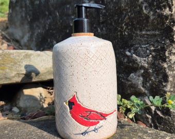 Cardinal on White Handmade, in Ohio,  Stoneware Soap/Lotion Dispenser