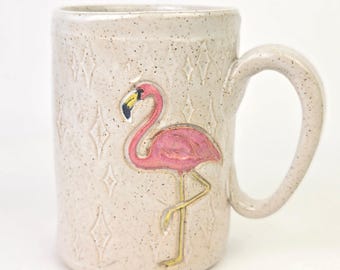 Flamingo on Retro/Vintage White Hnadmade, in Ohio, Stoneware 14oz Mug
