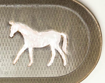 White Horse Handmade Oval Ceramic Gray Serving Platter / Dish