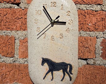 Black Horse on Cream Stoneware, Handmade, in Ohio, Clock